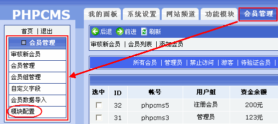 Phpcms程序会员管理